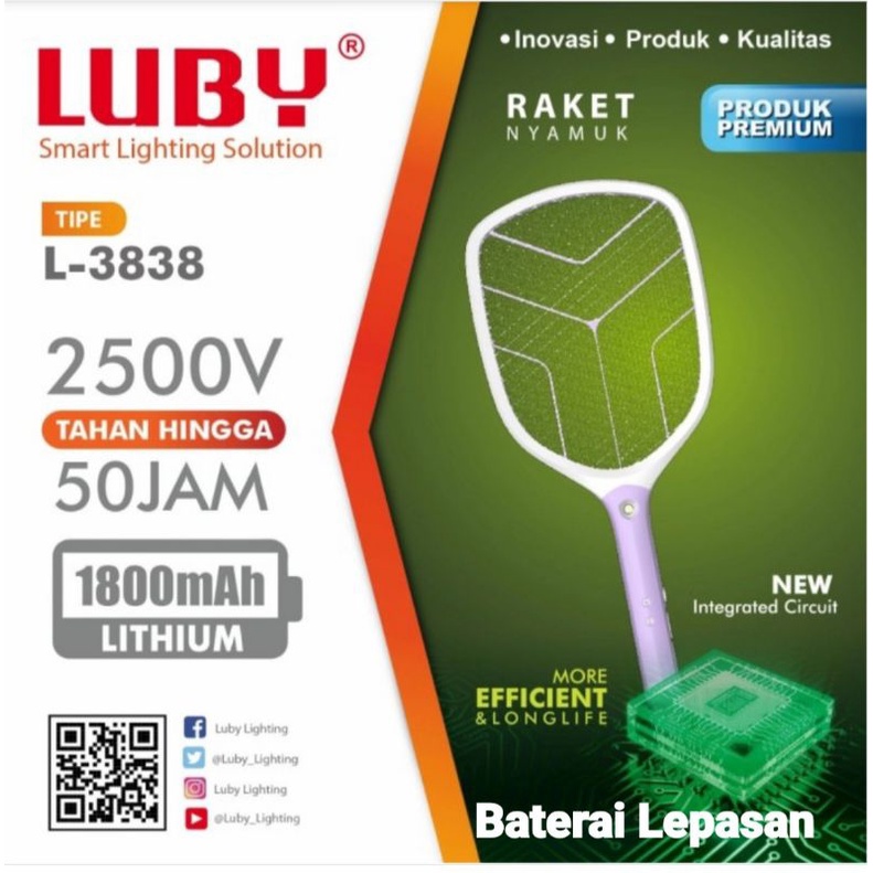 Raket Nyamuk cas Luby 3839 / 3838 / 3826A / 3853 Produk Original Baterei Litium lepasan+ kabel charge-