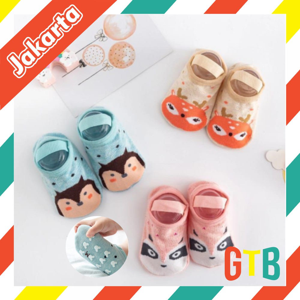 ❤️GTB❤️ R307 Kaos Kaki Ankle Dengan Strap Motif Kartun Hewan Bahan Katun Anti Slip untuk Bayi