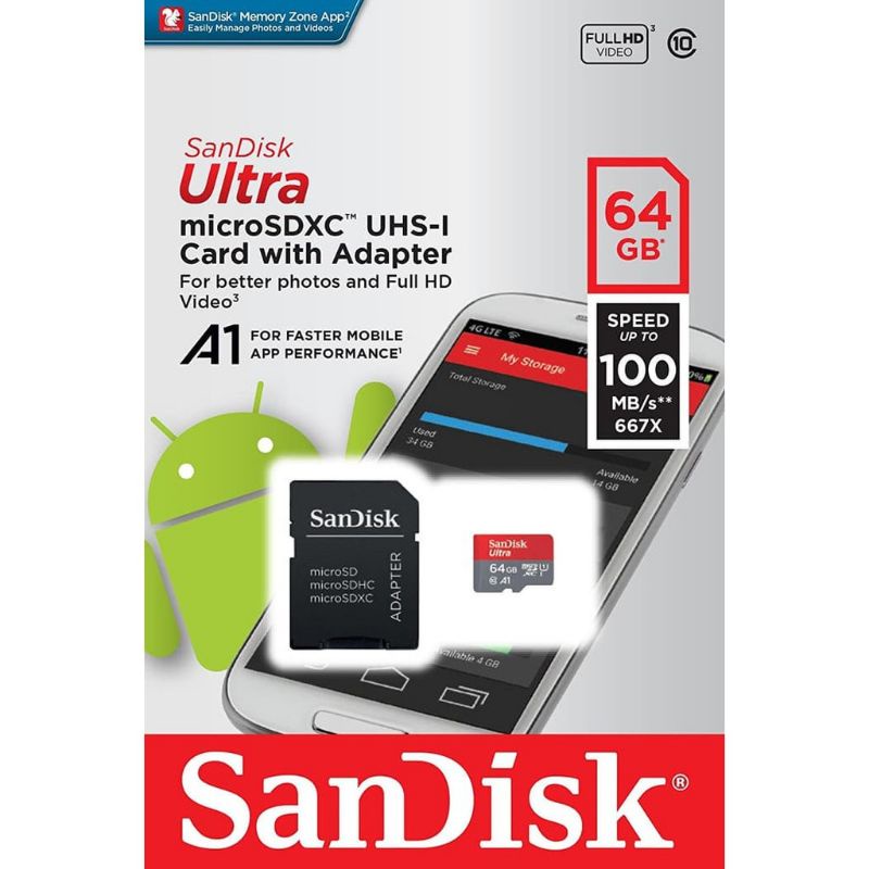 Memori Card Sandisk Free Adapter / Mmc MicroSD 64GB Class 10 Speed Up 100MB/s