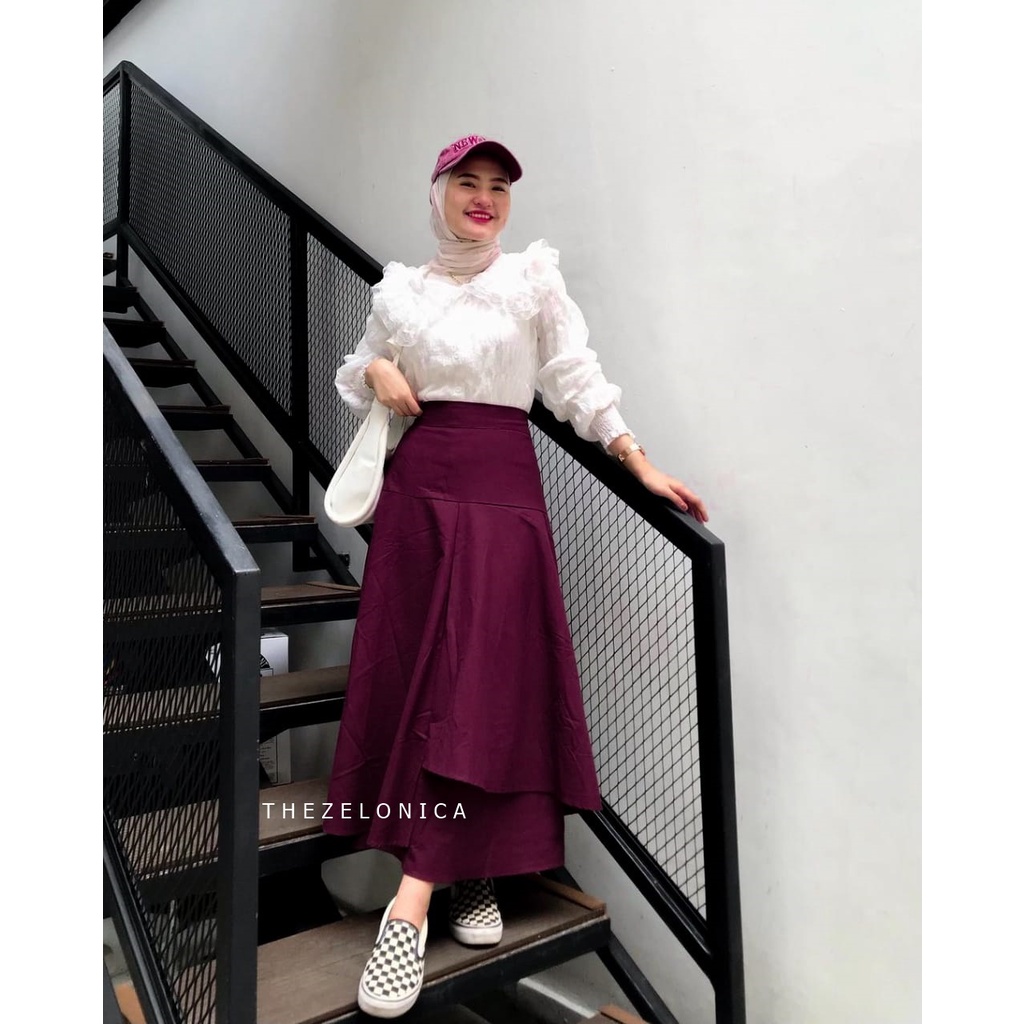 Zelonica Monalica  skirt rok susun Bahan Katun linen