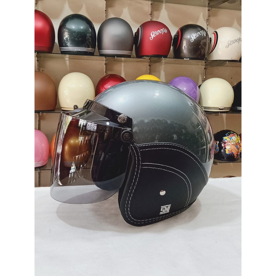 Aizo Helm Semi Kulit Half Face Kaca Bogo Datar Original All Grey GlossyStandarSNICOD Pack+BubbleWrap