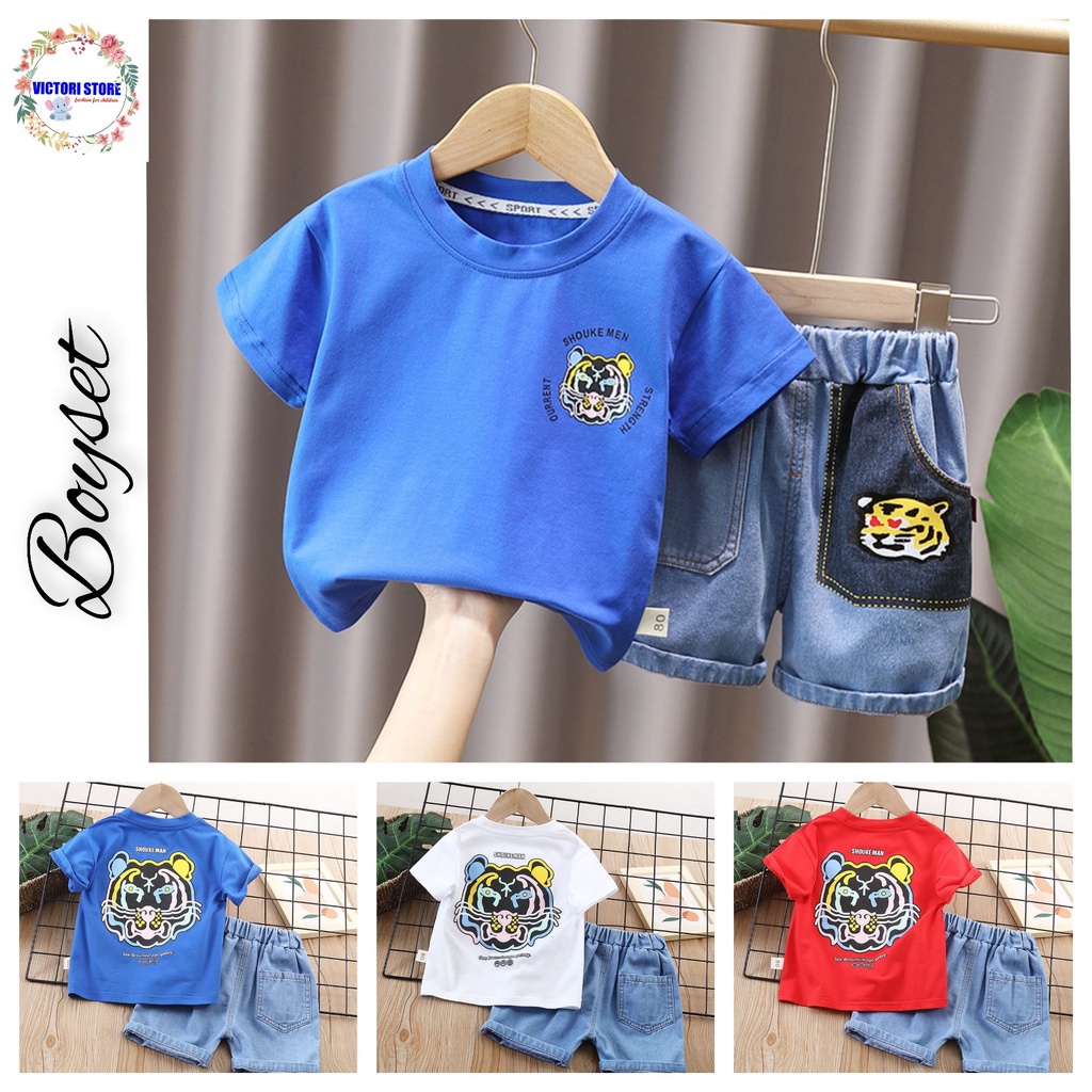 Setelan Anak Laki Laki Jeans Set LEON Baju Anak Musim Panas Korean Style Import