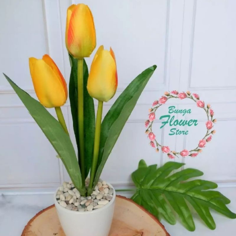 [ PROMO TERMURAH ] Bunga Tulip Termasuk Pot Melamin Bulat - Dekorasi Ruang Tamu - Bunga Plastik Import Grosir murah