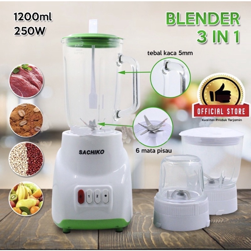 BLENDER KACA 3 IN 1  SACHIKO 1,2 LITER 300 W HIJAU JUS ES BATU DAGING BUMBU