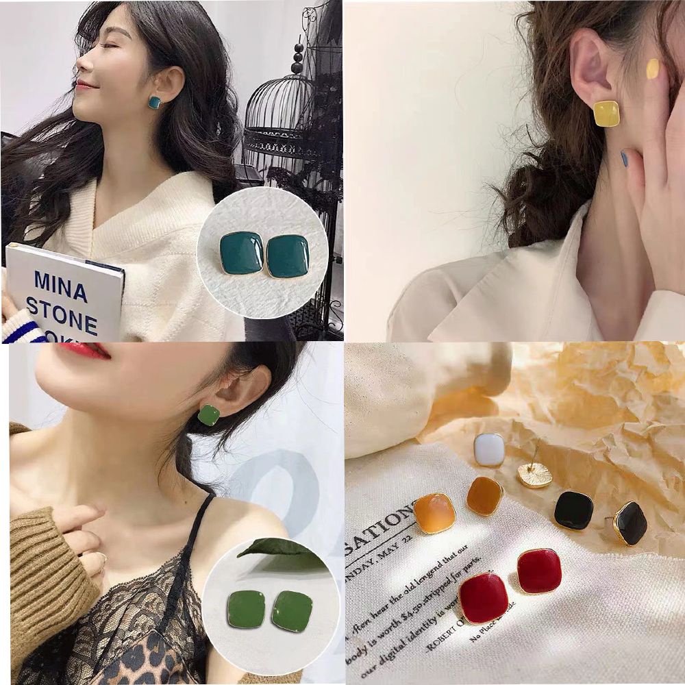 Anting Stud Enamel Bentuk Kotak Geometris Warna-Warni Gaya Korea Untuk Perhiasan Wanita