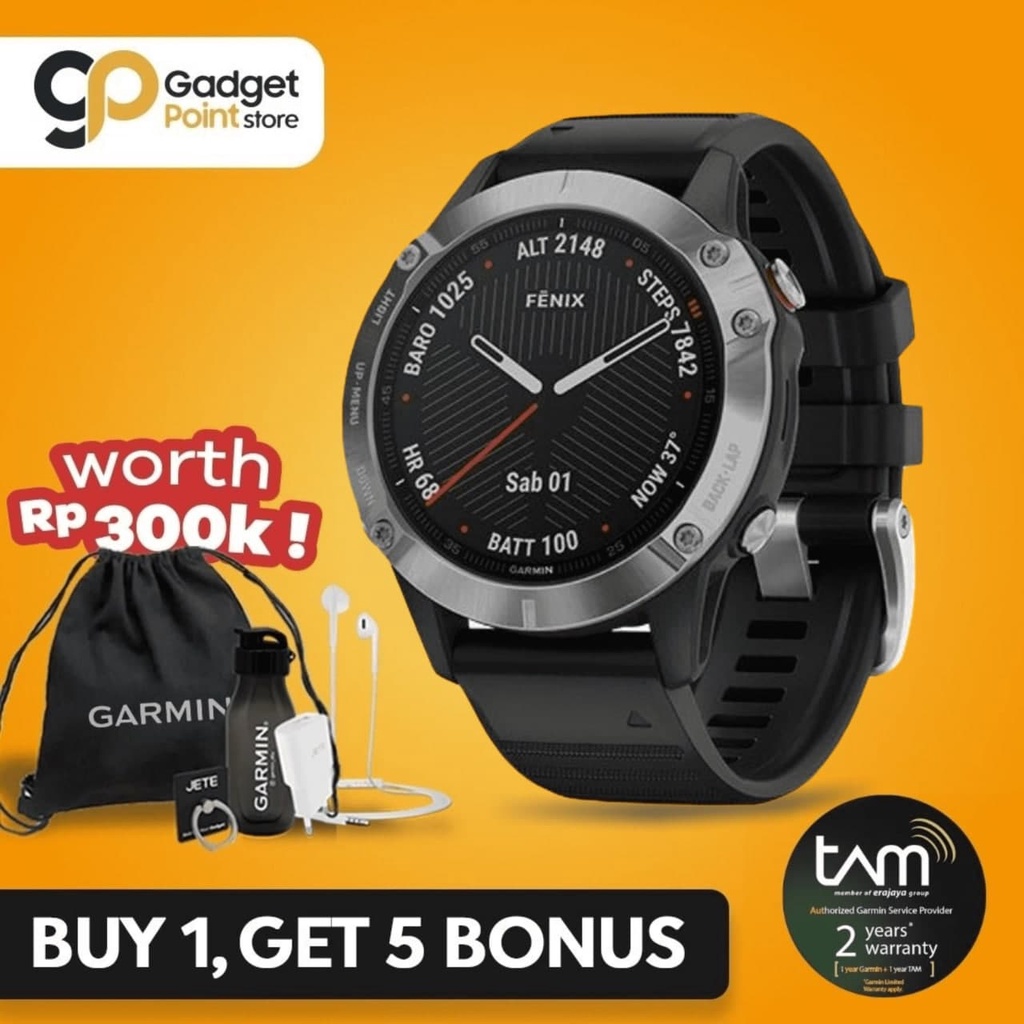 Garmin Watch Fenix 6s Silver with Black Band Sport SmartWatch - Garansi Resmi Tam 2 Tahun