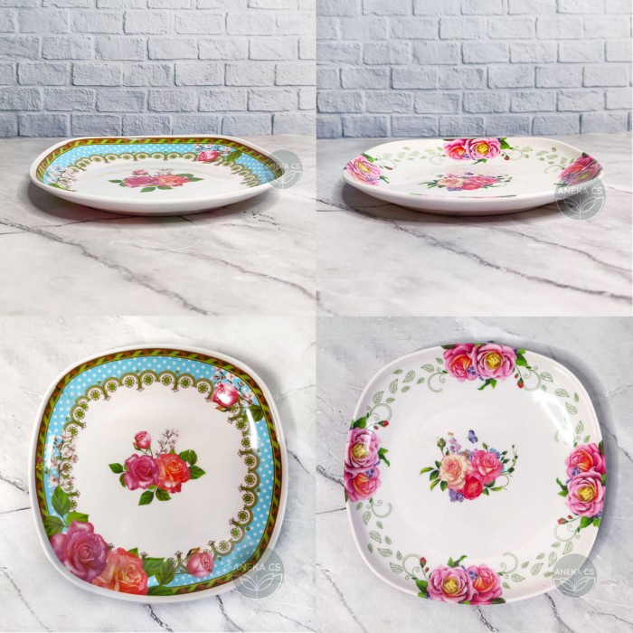 Piring Melamin 7.5 inch - Piring Motif Bunga - Piring Kotak - Piring Saji - Piring Kue - Aocan75