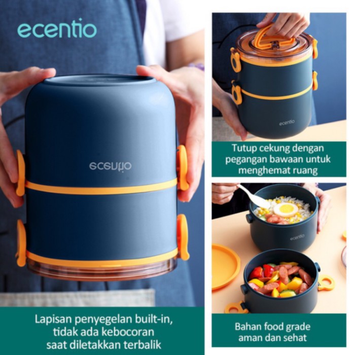 PALING LARIS - ECENTIO DOUBLE LAYER LUNCH BOX/ KOTAK MAKAN/ RANTANG 1600 ML BULAT - BIRU