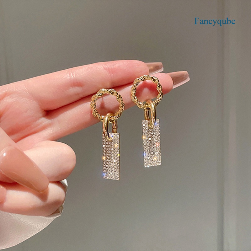 Fancyqube Anting Kristal Bentuk Persegi Warna Emas Untuk Wanita