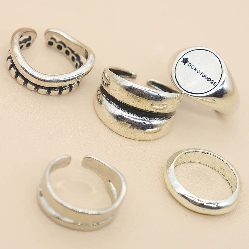 5pcs / Set Cincin Model Terbuka Desain Bintang / Tulisan / Ombak Asimetris Gaya Punk Untuk Wanita