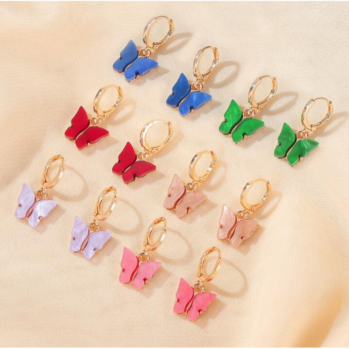 [ACKER] Akrilik Kupu-kupu Liontin Segar Manis Warna-warni Drop Anting-Anting + Kalung Perhiasan Set Untuk Wanita Fashion Aksesoris