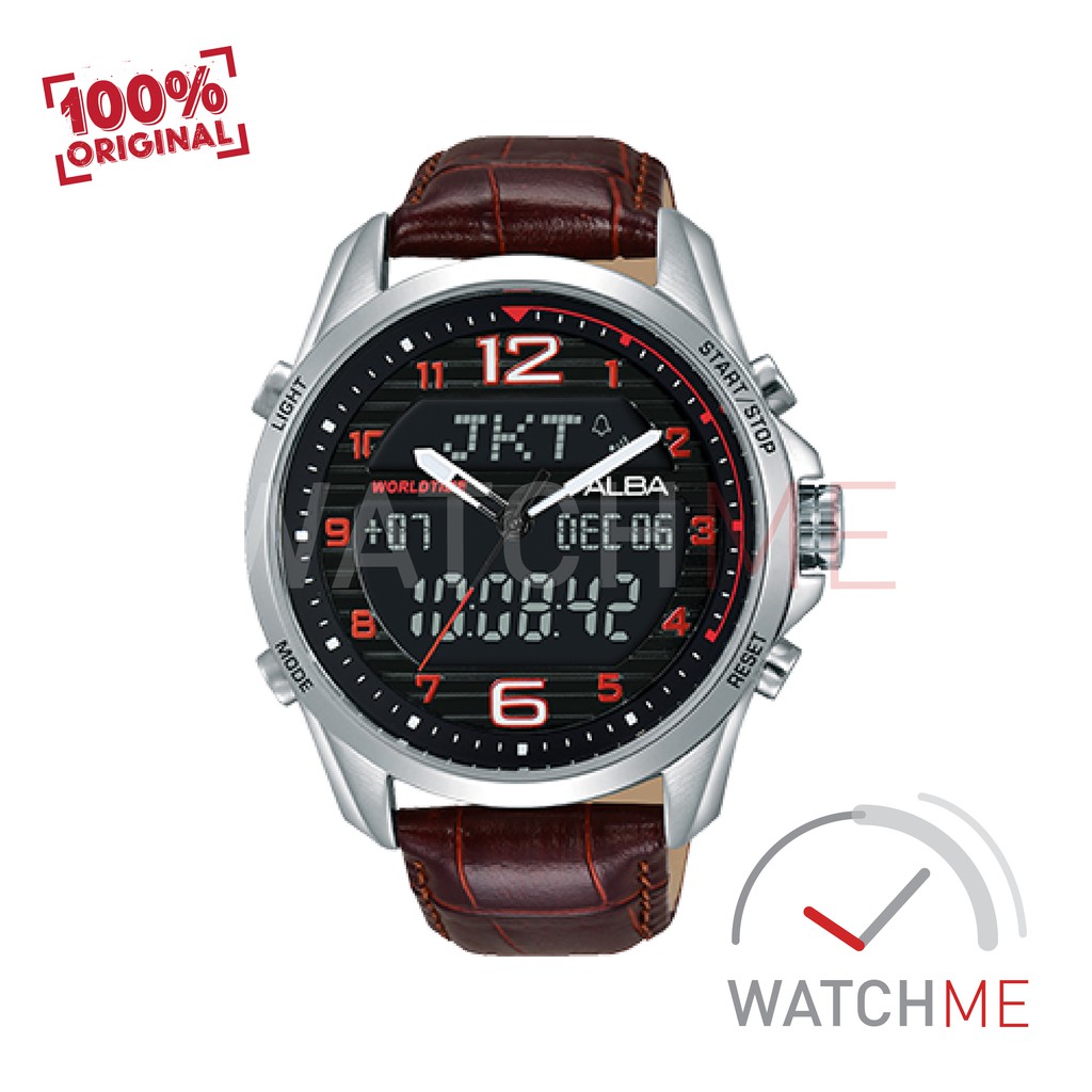 Jam Tangan Pria Alba DIgital AZ4033X1 World Time 100m Brown Leather Strap Original Garansi Murah