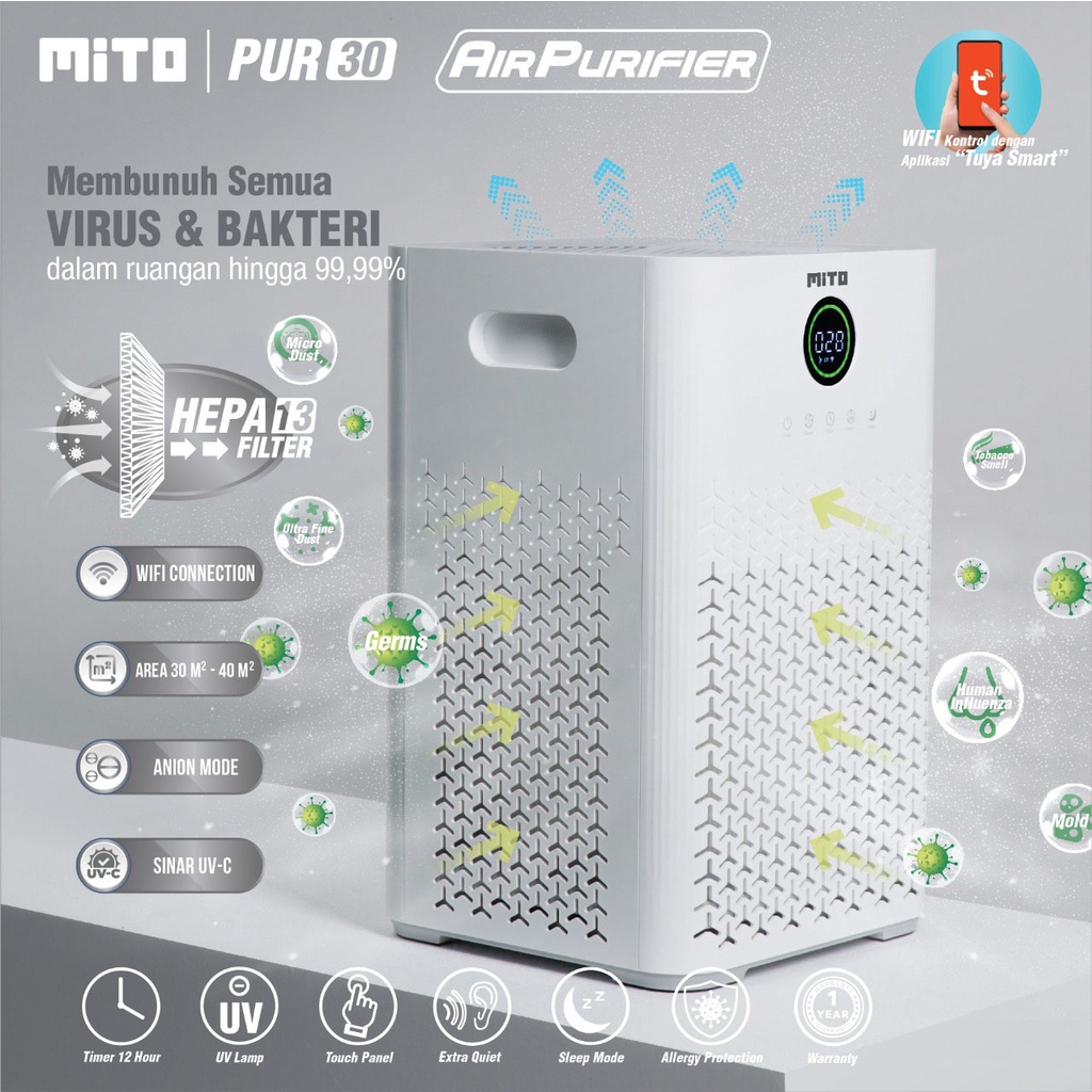 Mito Alat Penyaring Udara Smart PUR 30 Koneksi WIFI ANDROID IOS - Mito Smart Air Purifier