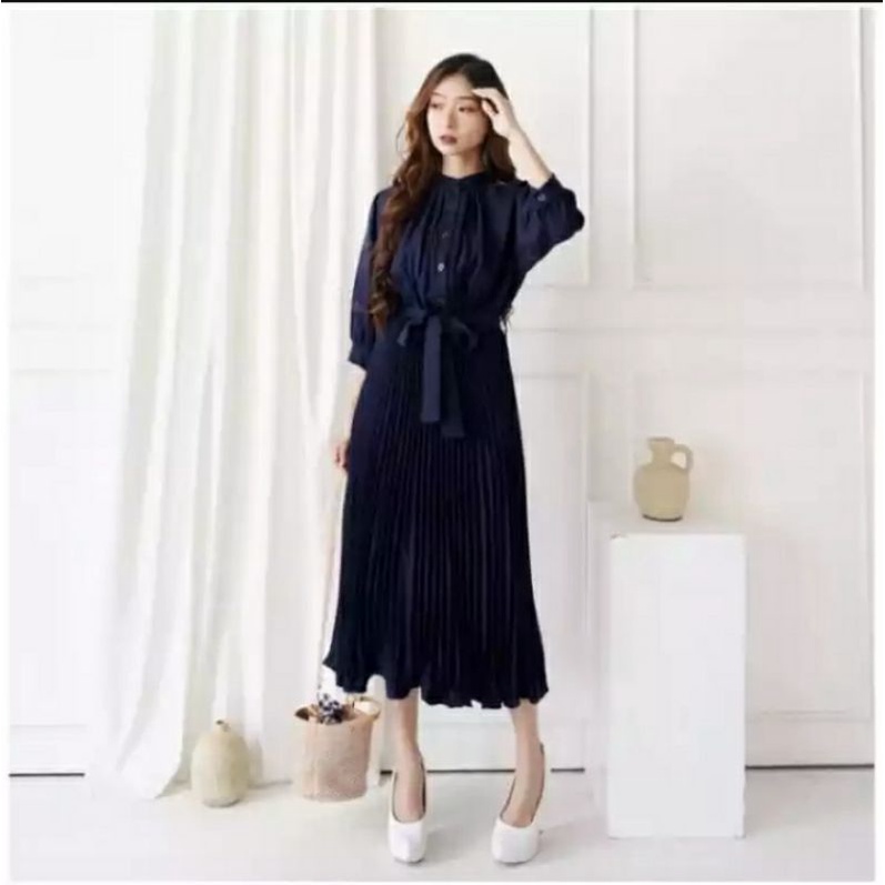 Dress Casual Formal Fashion Korean daster Wanita kombinasi Plisket