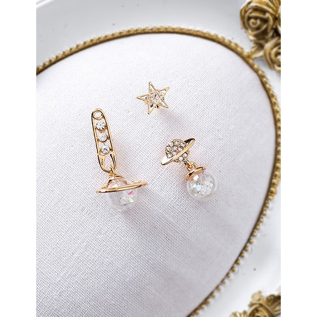 LRC Anting Tusuk Fashion Gold 925 Silver Needle Star Zircon Planet Three-piece Earrings F68102