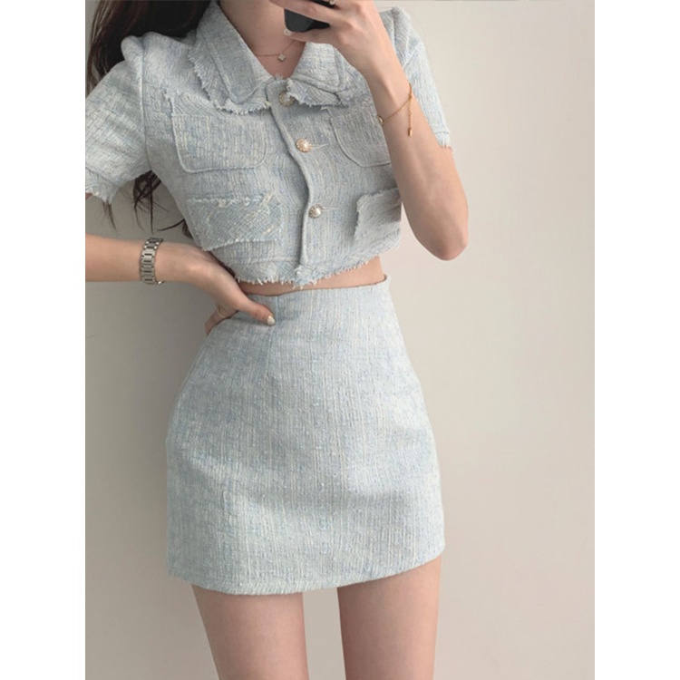 Setelan Wanita Korea Fashion Retro Crop Jaket Atasan Kemeja Lengan Pendek/High Waist A-line Mini Rok Skirt Set