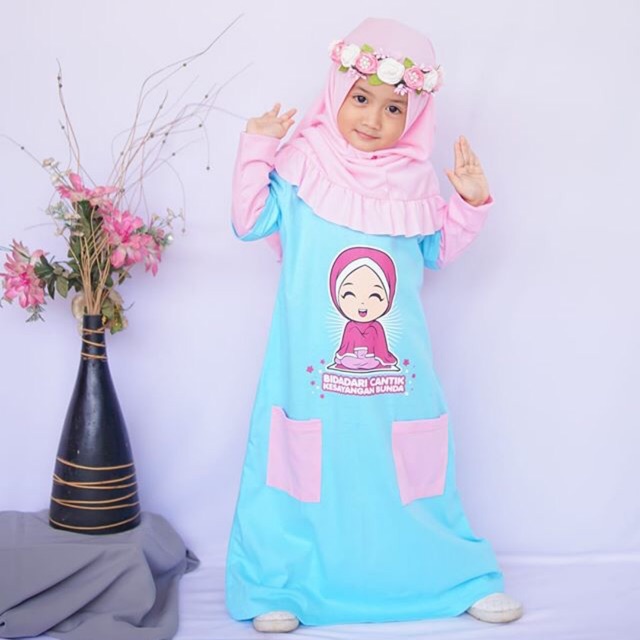 Gamis Kaos Anak Muslim (Syar’i Balita Baby PAUD TK SD Dua Warna Polos Karakter Sablon Muslimah)