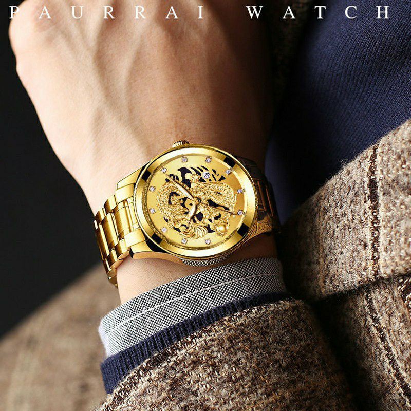 (BISA COD) Jam Tangan Naga Emas Men Watch Gold Mewah Jam Tangan Pria Keren Kalender Anti Air JT8A