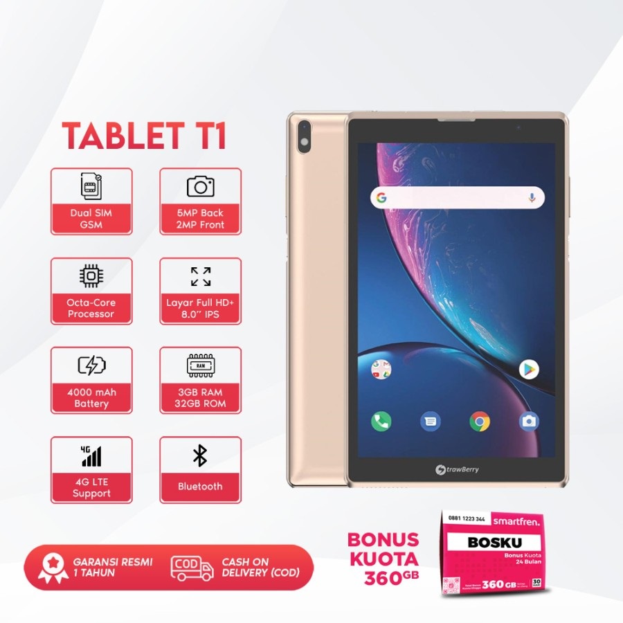Strawberry T1 Tablet 8 Inch 3/32 - Ram 3GB Rom 32GB - 4G - 4000 MAH - Baru - Garansi Resmi - Hitam -