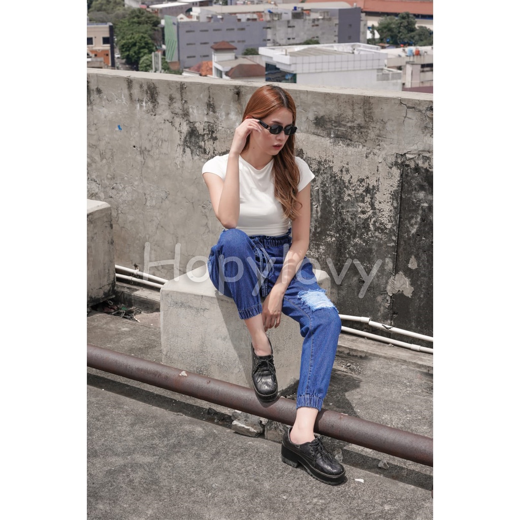 HOPYLOVY Celana Panjang Jogger Jeans Wanita HW Jeans Ripped Milena