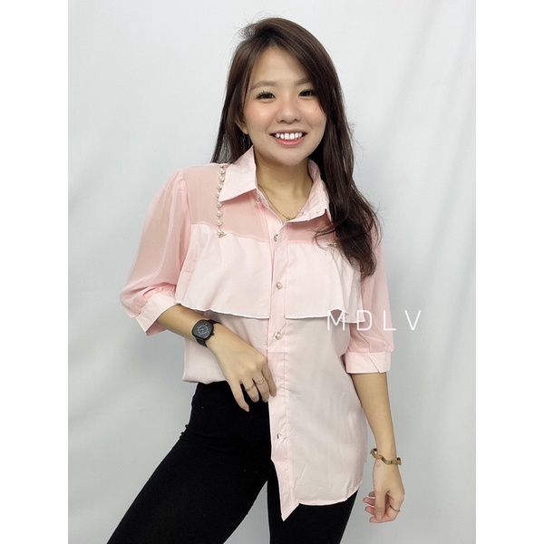 MDLV ~ 7840# Pdk Elaine Layered Short Sleeve Shirt Atasan Blouse Pearl Kemeja Premium Fashion Import