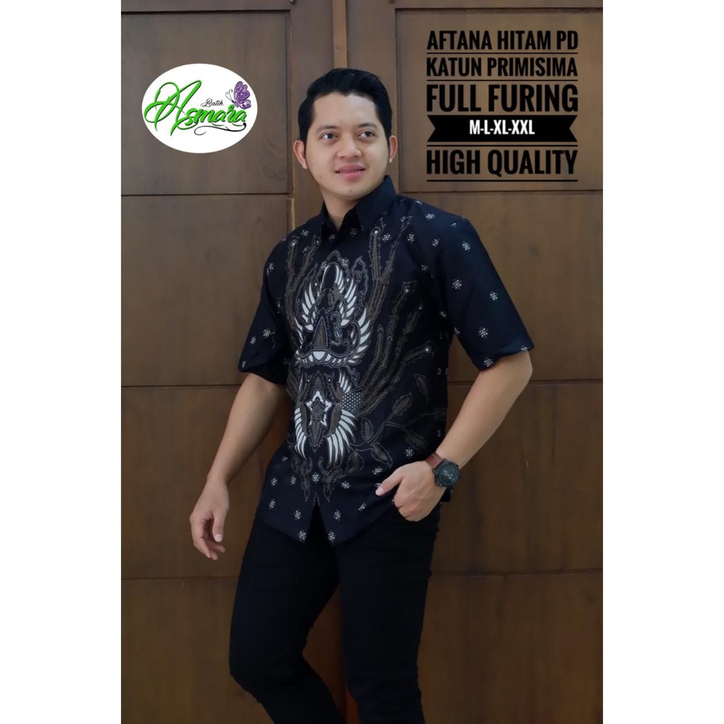 AFTANA HITAM Kemeja Batik Pria Lengan Pendek Katun Halus FULL FURING Asmara