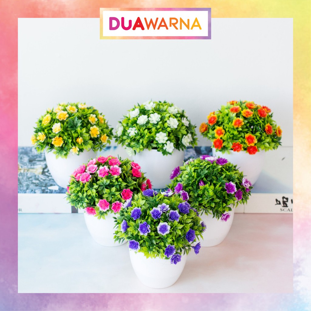 DuaWarna Tanaman Bunga Plastik Pot Bulat Artificial Flower Ornamen Hiasan Pohon Bunga Kamar DE064