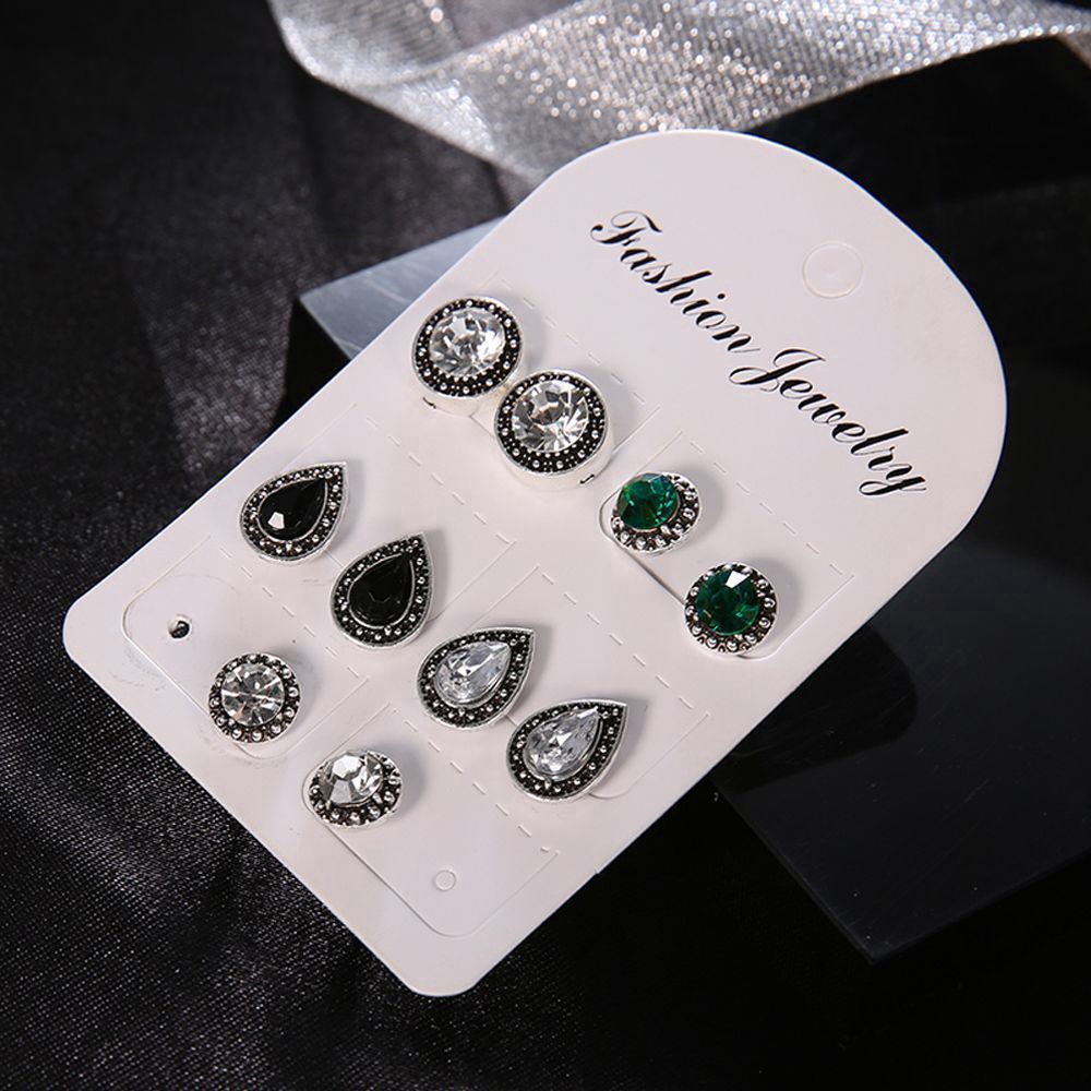 5 Pasang / Set Anting Tusuk Batu Permata Cubic Zirconia Bentuk Tetesan Air Warna Hijau / Hitam