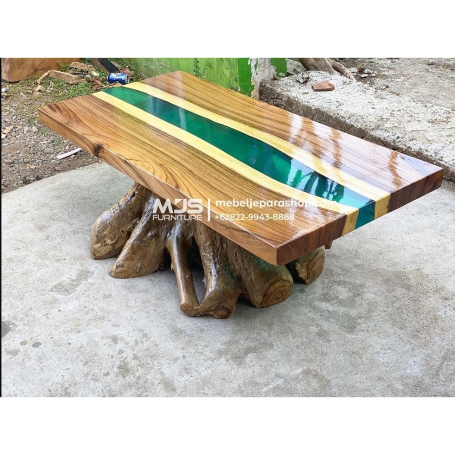 Meja Tamu Kayu Solid River Epoxy Resin Coffee Table Kaki Akar Jati
