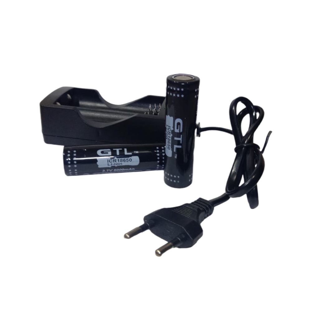 Paket Charger 2 Slot + 2 PCS Baterai Li-ion GTL ICR 18650 6000mAh 3.7V Warna Hitam