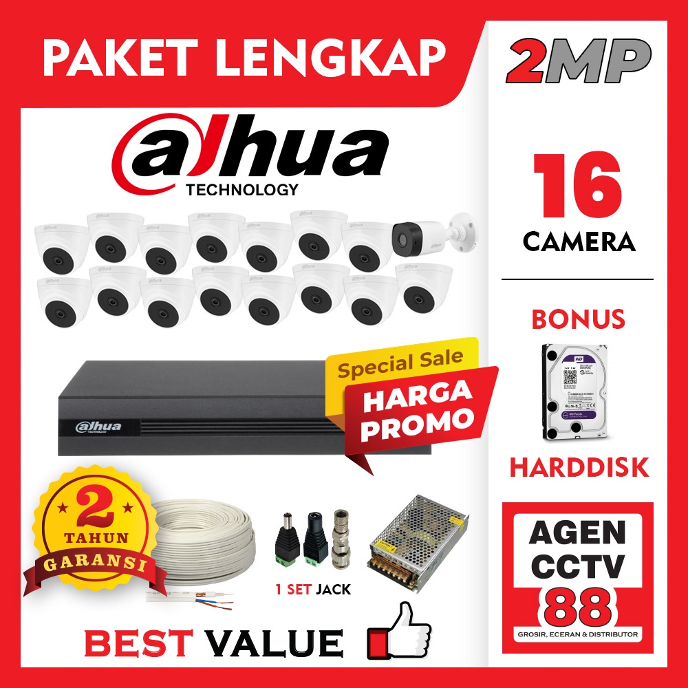 Paket CCTV DAHUA 16 Channel Kamera 16CH 2MP LENGKAP +Kabel +Harddisk