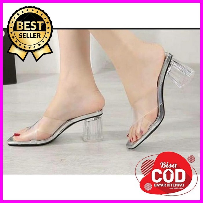 Sendal Slip Sandal Jinjit Hak Tahu Kaca Haihil Wanita Cewek Perem VW555 Sandal Hak Tahu Kaca Premium