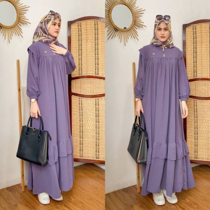Kalla Gamis Wanita Crinkle Airflow Import Dress Jumbo Lengan Panjang Karet Baju Wanita Kekinian LD 120  cm