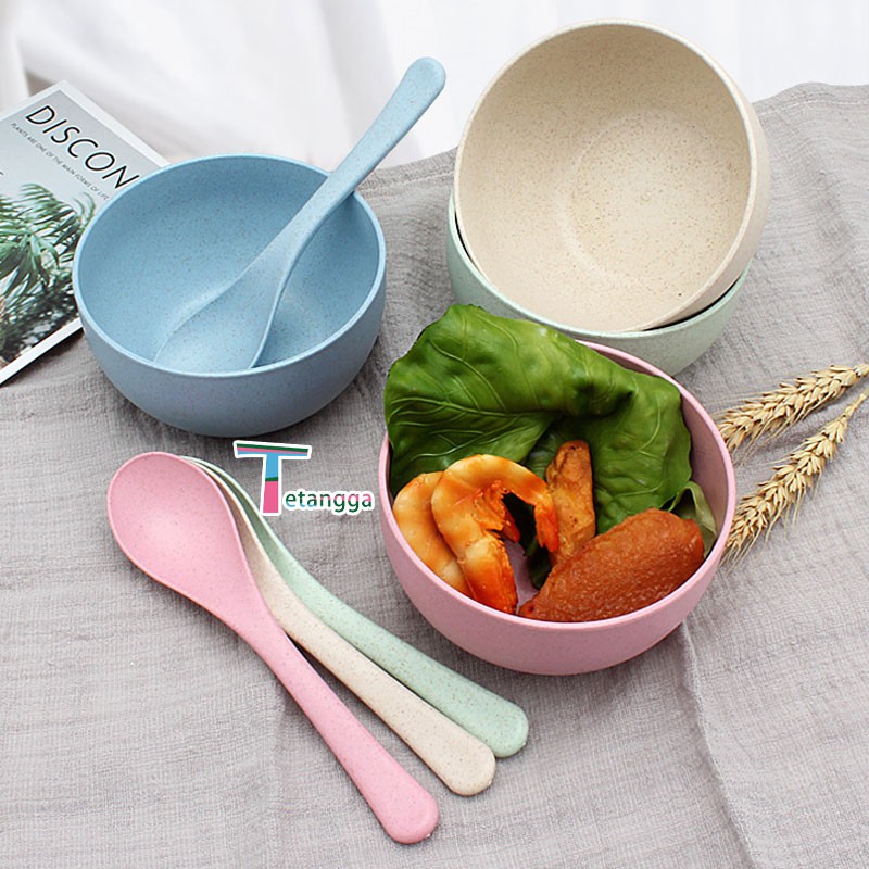 4pcs Mangkok Wheat Straw/Mangkuk Makan Bowl Set Mangkok Makan Set Isi  Cutlery Set Gandum Anak