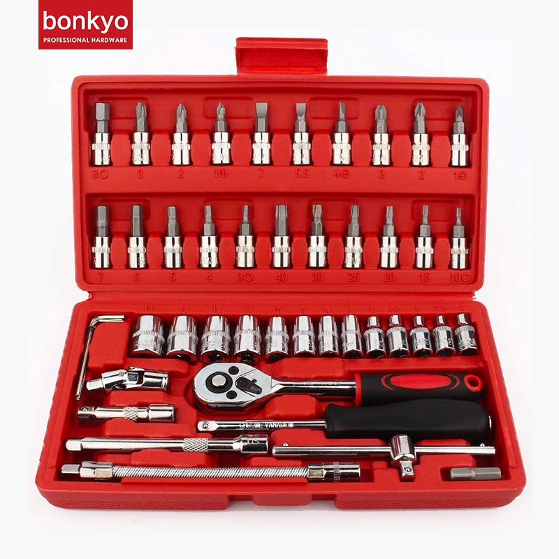 Bonkyo Kunci SOK 46 PC Set Socket (1/4 &quot;) Full Lengkap Socket Tool Kit Pas Ring L Motor Mobil kunci shock set tekiro obeng ketok toolkit set kunci set lengkap