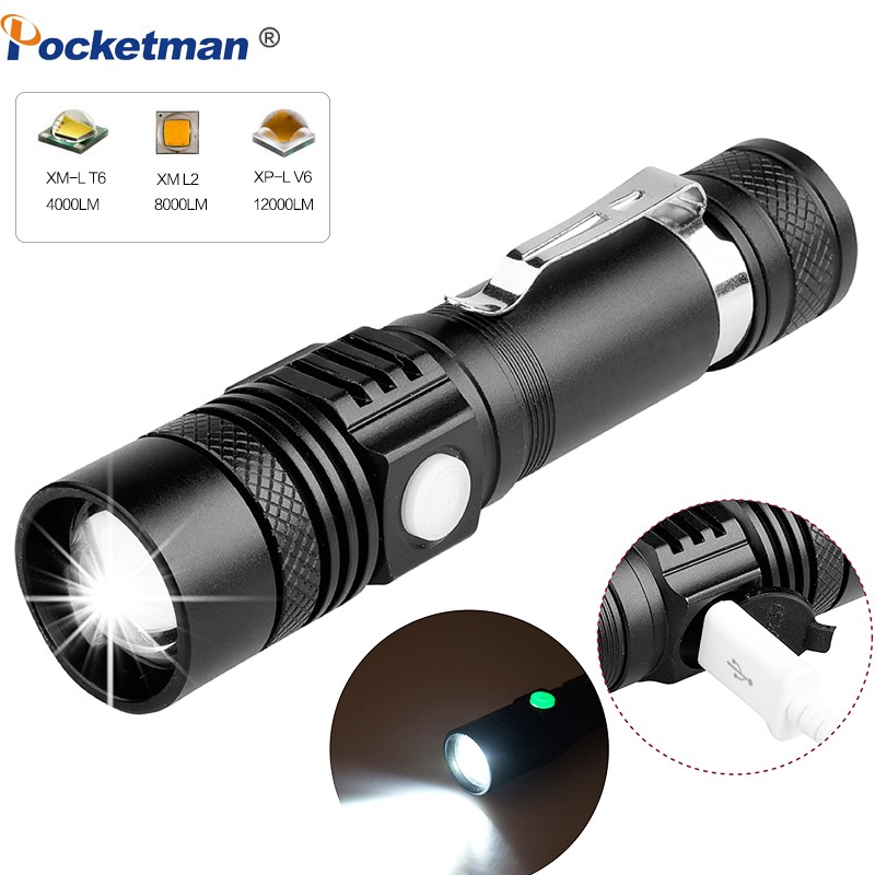 Senter LED Pocketman Terang Rechargeable USB T6 6200 Lumens Waterproof