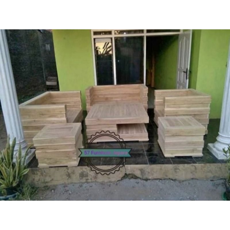 Meja Kursi Sudut Box Kayu Jati - Kursi Sofa 321+ Meja + 2 Meja Kecil Jati Mentahan