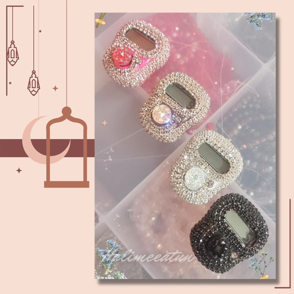 Tasbih Digital Swarovski non LED Blink Custom Nama Hias Tali Mutiara