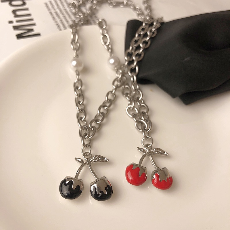 Kalung Liontin Cherry Warna Hitam Merah Bahan Titanium Steel Gaya Hip Hop Eropa Amerika