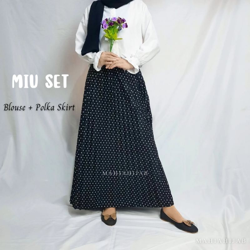 1 Set Miu Blouse Putih + Rok Polka/ setelan lengkap / paket hemat / by Mahiahijab korean style