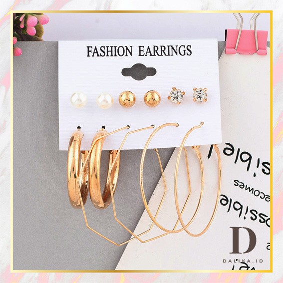 Anting Hoop 6 Pasang/Set Anting Tusuk Korea Mutiara Permata dan Hoop Besar Segi 8 untuk Wanita