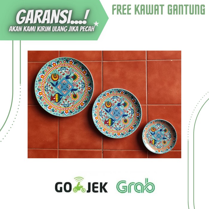 PIRING MAKAN KERAMIK HIASAN PAJANGAN DINDING WALL DECOR MOTIF BUNGA TULIP PREMIUM WARNA BIRU TOSCA