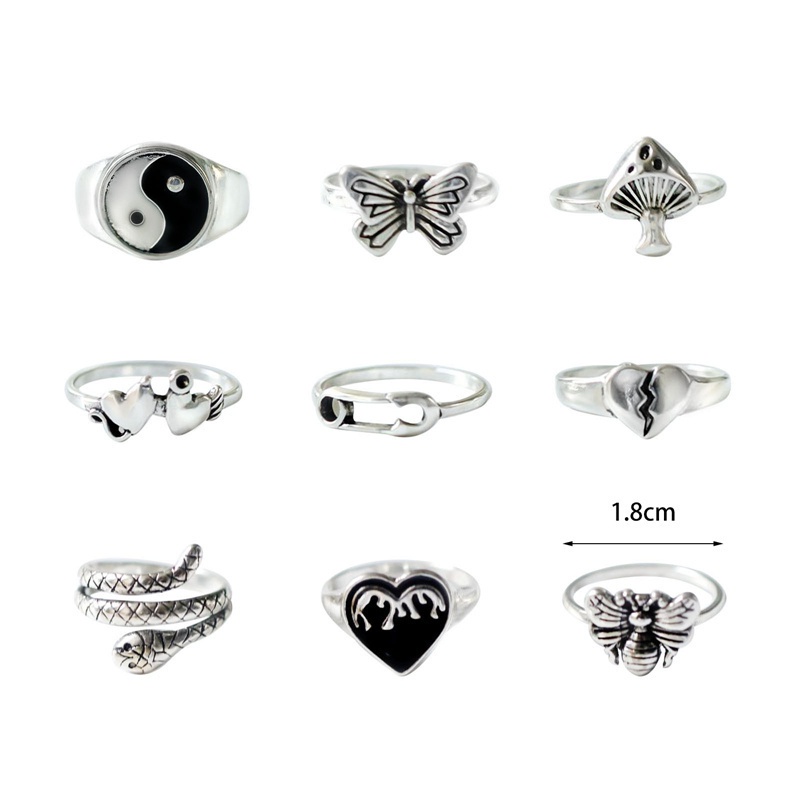 Fancyqube Cincin Desain Kupu-Kupu Hati Dan Bunga Warna Silver Gaya Vintage Gothic Untuk Wanita