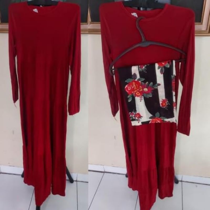 long dress gamis kaos tebal muslimah rempel susun 5 bonus jilbab segiempat motif bunga