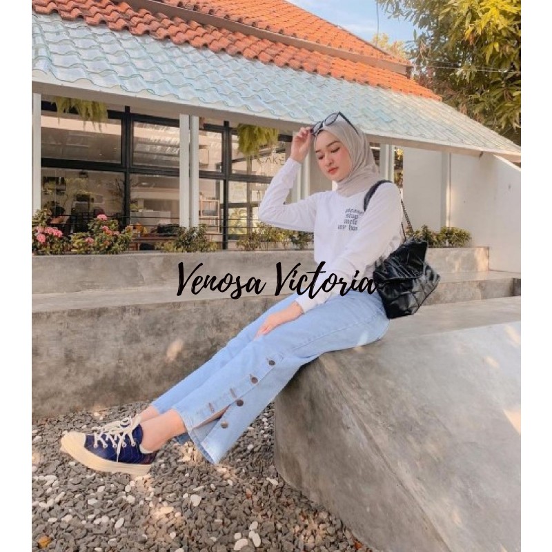 Boyfriend Jeans Model Kulot Kancing Samping Arabela / Celana Wanita BF