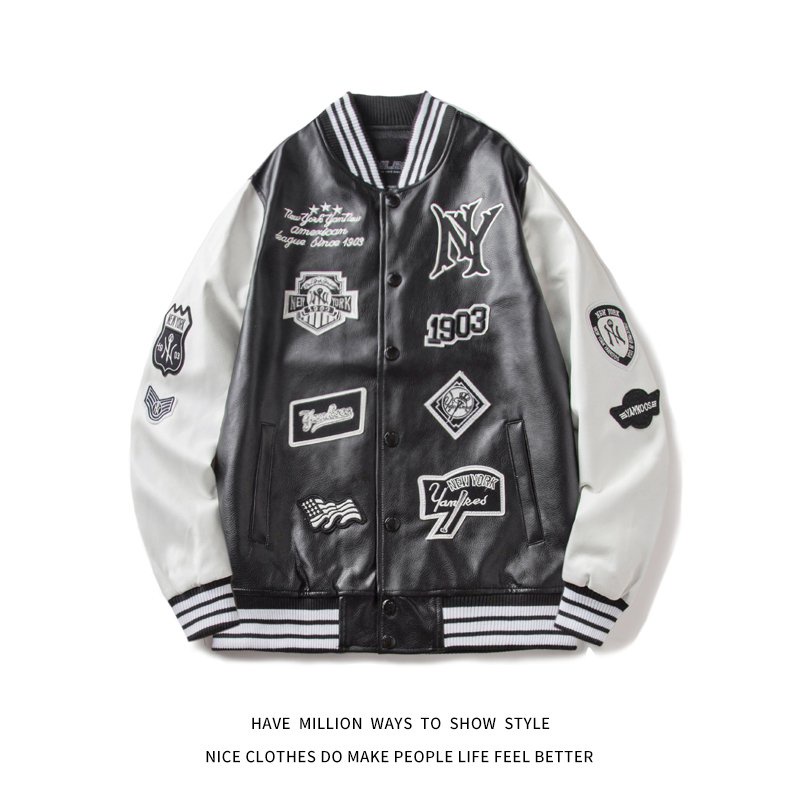 MLBNY Winter&Spring&Autumn Embroid Biker Motorcycle Leather Baseball Jacket Uniform Women's Coat Men