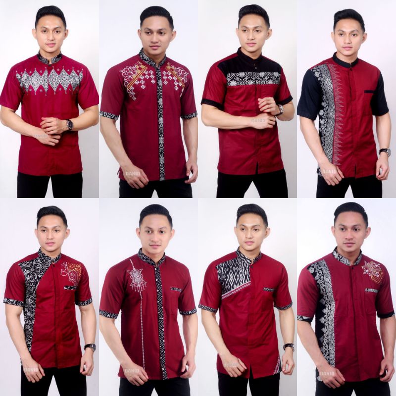 Baju Koko Kurta Pendek Warna Merah Tua /Merah Hati /Maroon /Marun Katun Oil Kombinasi Bordir Prada, 