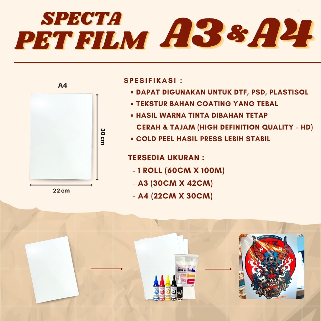 SPECTAFLEX KERTAS FILM DTF A3 PET DIGITAL TRANSFER POWDER PAPER A3 SABLON DTF