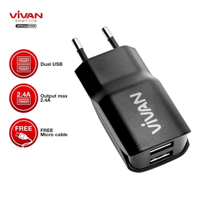 Charger Casan VIVAN DD01 Dual USB HP Adaptor Kepala Batok Android iPhone Micro USB Garansi 1 Tahun