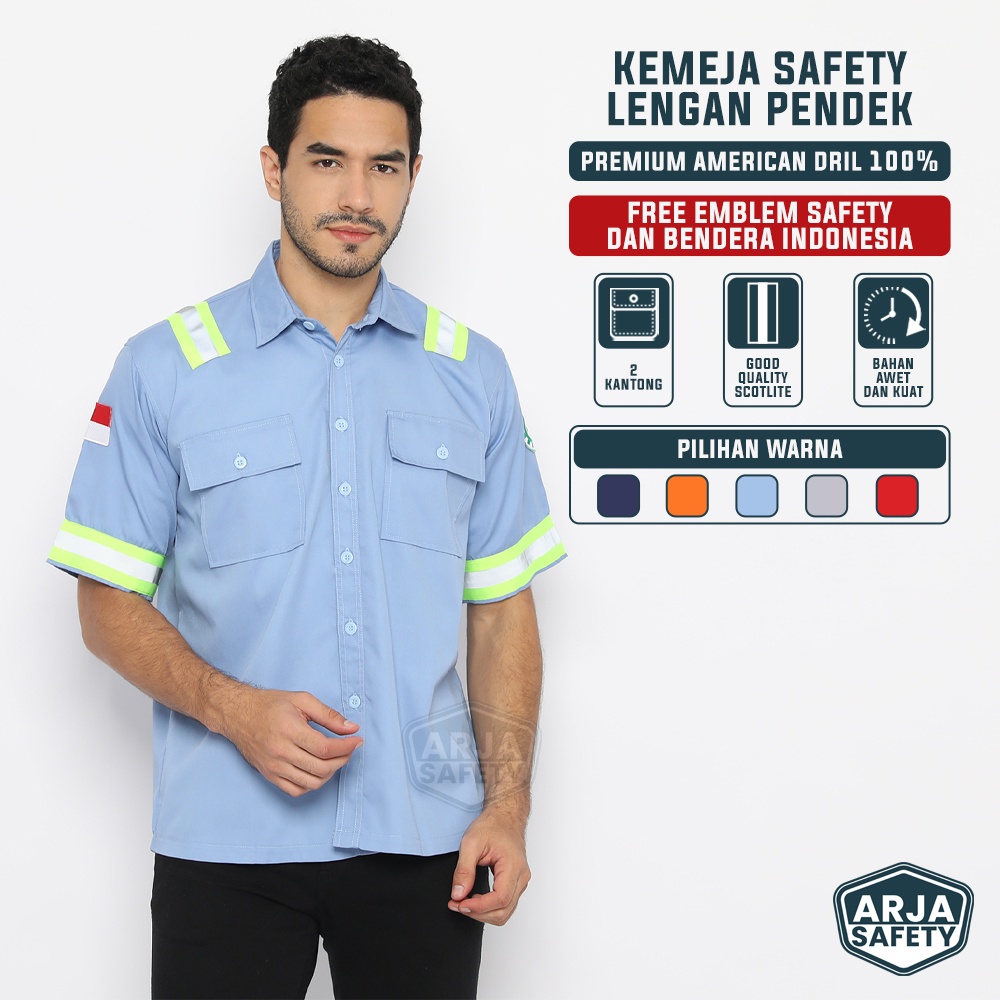 ARJA SAFETY [ FREE LOGO SAFETY &amp; BENDERA ] Kemeja Safety Lengan Pendek, Baju Proyek, Baju Safety, Baju Lapangan, Wearpack Atasan, Wearpack Atasan Lengan Pendek